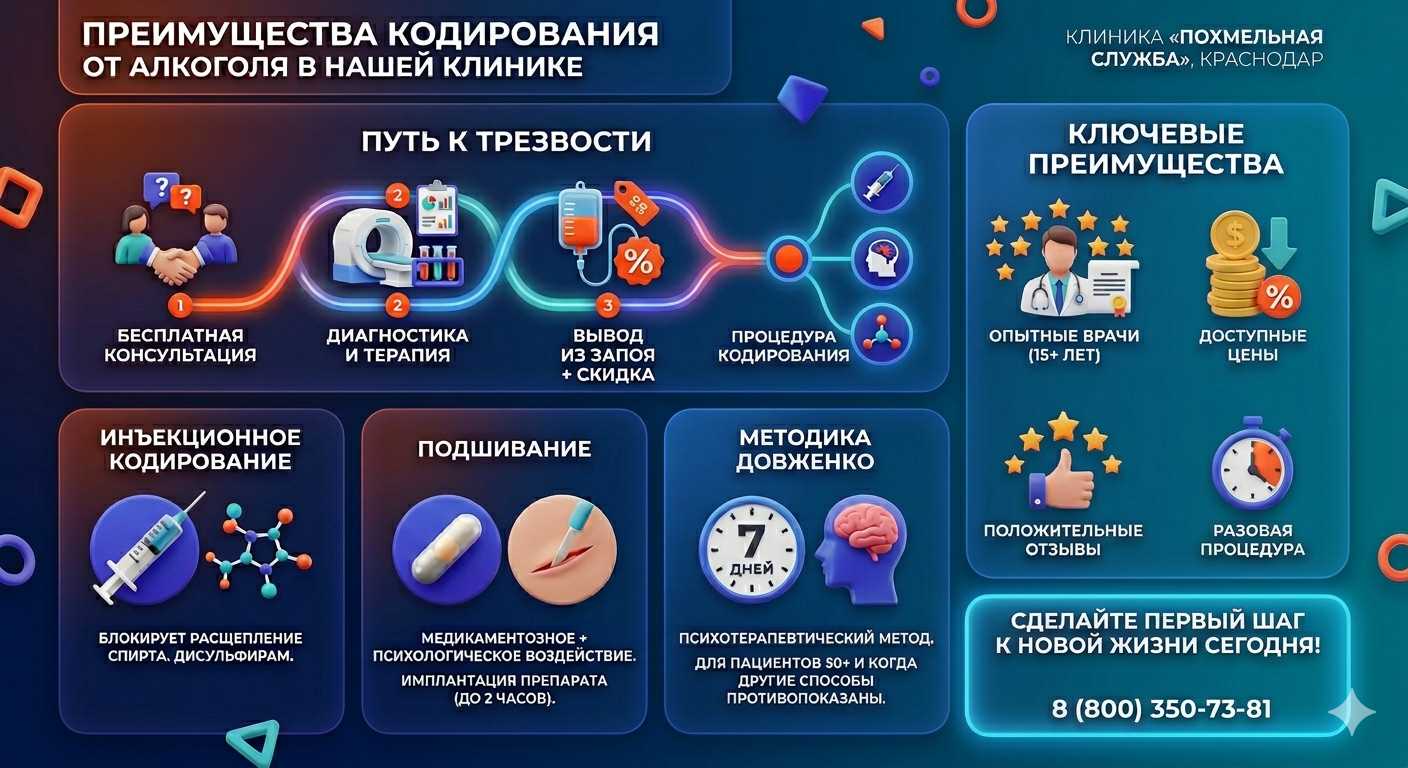 Инфографика о методах кодирования от алкоголя в Лисках: инъекции, подшивание, метод Довженко. Преимущества клиники и этапы лечения.