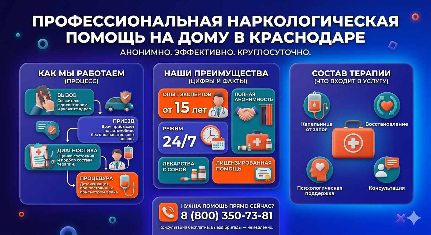 Инфографика о принципах лечения алкоголизма на дому в Лисках: этапы вызова нарколога, преимущества анонимной детоксикации и состав медицинской помощи.